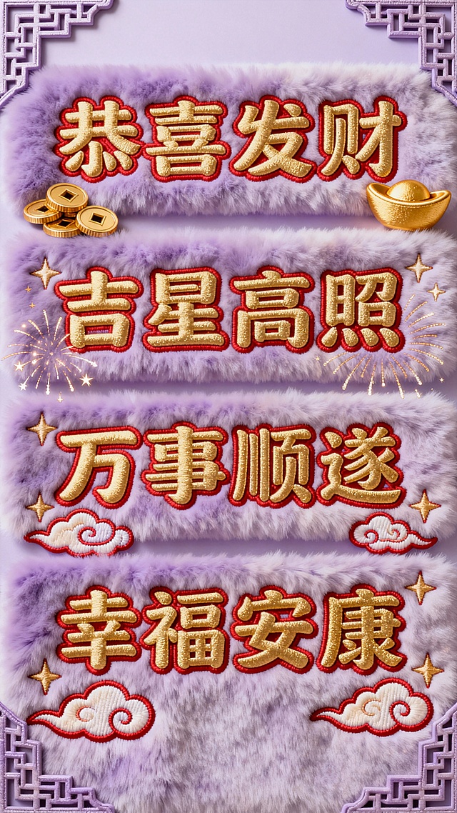 国潮风刺绣质感，描边大字搭配毛绒纹理，金元宝与祥云点缀，喜庆中式元素满溢，重拟物风格营造新年祝福氛围。