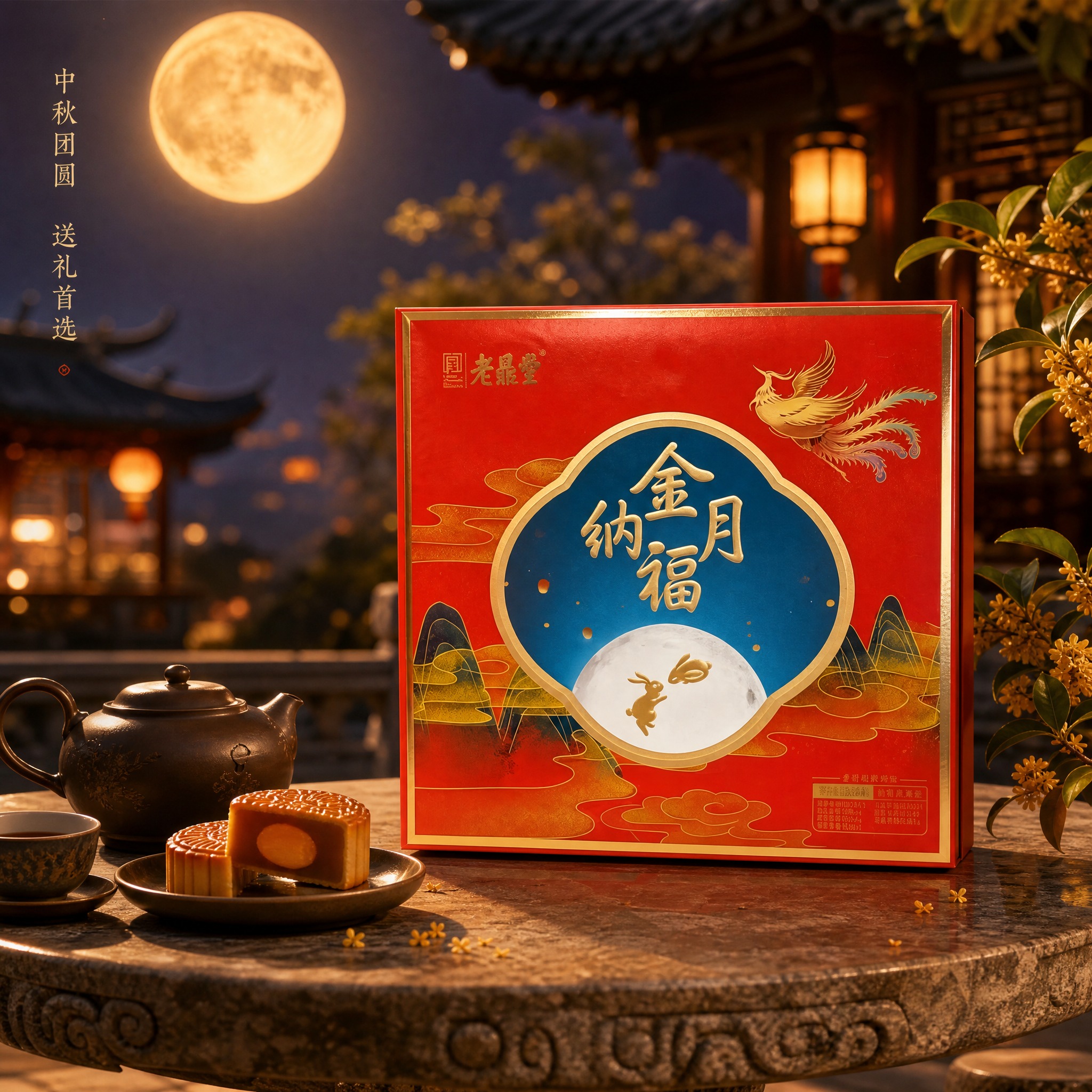 [主图-3] 老鼎丰金月纳福月饼礼盒场景图，中秋赏月送礼场景。… - 图片创意预览