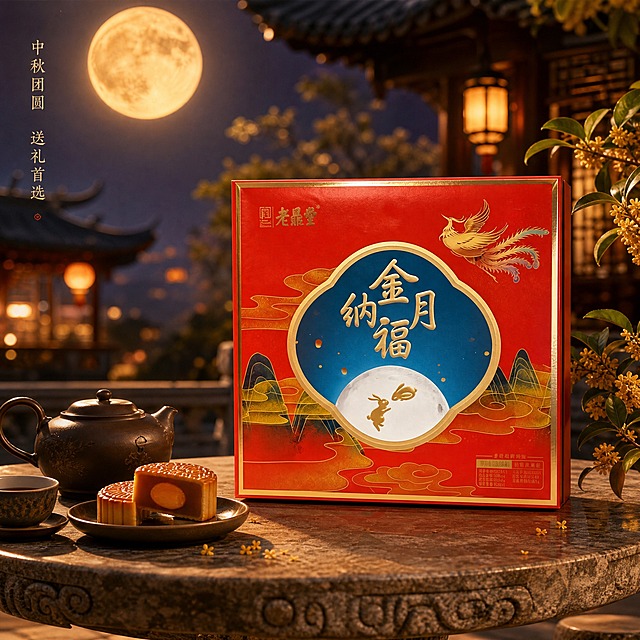 [主图-3] 老鼎丰金月纳福月饼礼盒场景图，中秋赏月送礼场景。
[统一基调] 国内电商中秋月饼礼盒风格，红金国风配色，典雅大气，中秋节日氛围，商业摄影质感。
[画面] 老鼎丰金月纳福月饼礼盒摆放在中式庭院的石桌上，旁边有茶具、一盘切好的月饼和桂花枝，背景是虚化的圆月和中式屋檐，营造中秋夜赏月品饼的诗意场景。礼盒为主体，占画面约50%，微俯视角度。
[光影质感] 夜晚暖黄色月光+灯笼光氛围，光线柔和朦胧，礼盒在石桌上有柔和投影，整体氛围浪漫温馨，有浓厚中秋节日感。
[配色] 整体暖黄和红色调，夜色深蓝紫为背景衬托，金色月光点缀，画面典雅有诗意。
[文字版式] 画面角落小字"中秋团圆 送礼首选"，金色细体，不影响主体展示。
[输出要求] 比例1:1，2048x2048像素，高清清晰，产品不变形，文字清晰可读，无水印，无平台Logo，无"正品保证""破碎包赔"字样。
