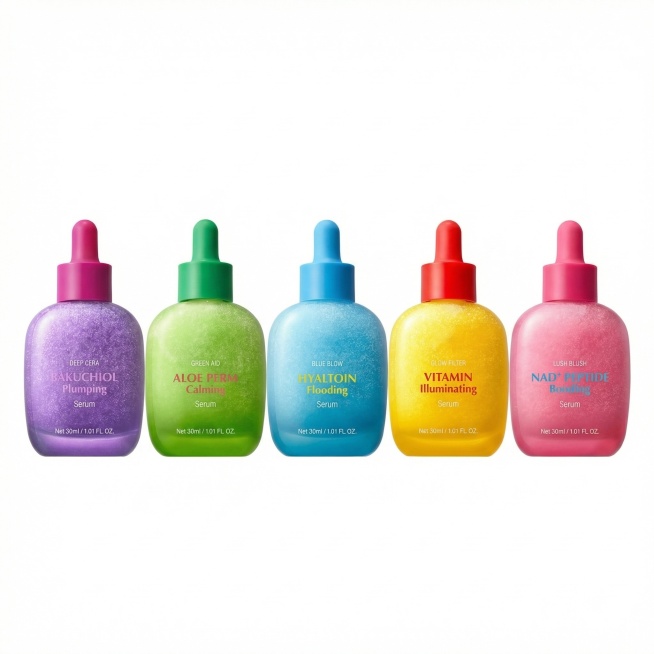 [主图 1] 精华产品首图，纯白背景，保留产品原有外观和所有英文文字信息，五个彩色精华瓶整齐排列展示，产品占画面85%以上，商业摄影质感，光线柔和通透，产品清晰真实，画面干净高级，产品居中放置，符合欧预览效果