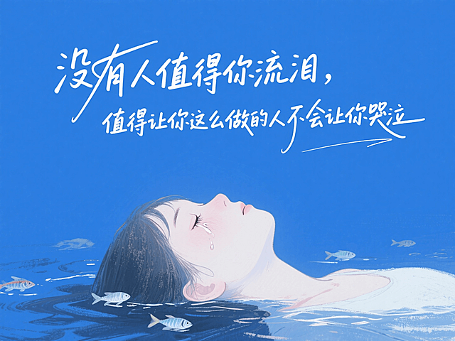 白色文案：“没有人值得你流泪，值得让你这么做的人不会让你哭泣”。画面底部：（油画淡彩风格，粗糙笔触绘画：一位闭着眼的女孩沉在水里（头部特写），鱼在周边游动。背景是大面积犹豫的蓝色）