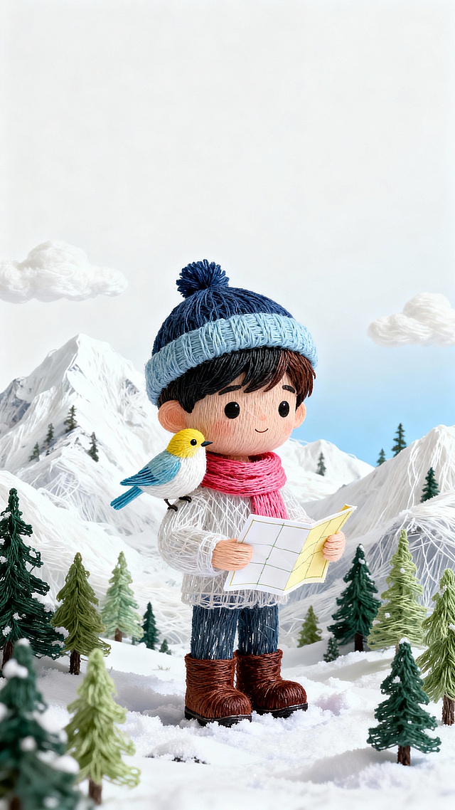 一只小鸟趴在小男孩的肩膀上，小男孩戴着毛线帽子和围巾穿着雪地靴，手里拿着地图，背景是冬日白天的高原雪山的森林中