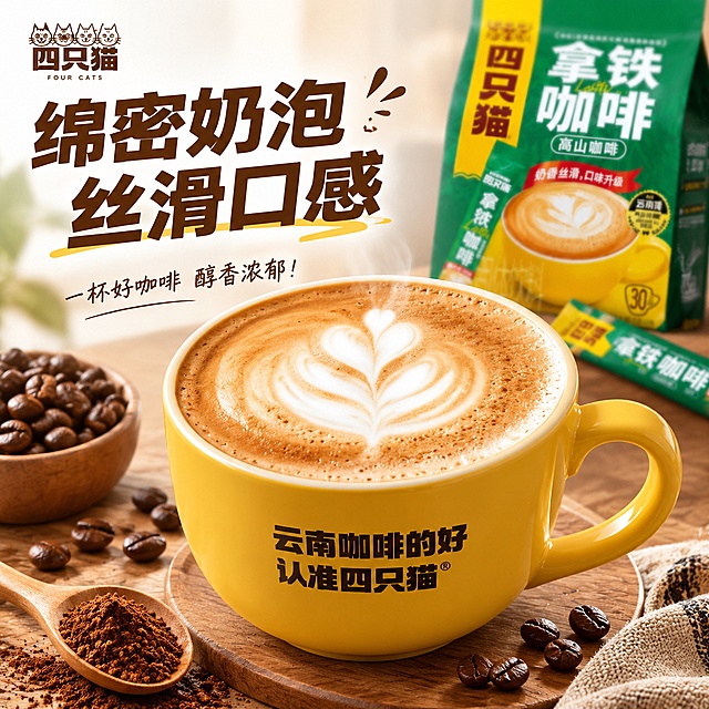 [主图-3] 四只猫咖啡 产品细节特写主图
[氛围风格] 微距特写，突出咖啡质感与冲调效果
[画质] 超高清商业微距摄影，纹理清晰
[元素] 中心特写展示一杯冲好的拿铁咖啡，表面带有完美拉花，奶泡绵密细腻，特写呈现奶泡的光泽和纹理。背景虚化，角落露出一个咖啡独立小包装，保持产品包装外观与原图一致。产品主体占比约70%，重点突出咖啡诱人的冲调效果
[光影] 侧方柔光，突出奶泡的绵密纹理和咖啡油脂光泽，食欲感强
[配色] 暖棕咖啡色调为主，柔和温馨
[视角构图] 中心特写平视构图，浅景深突出主体纹理
[文字版式] 顶部大字"绵密奶泡 丝滑口感"，深棕粗体，放在画面留白区域不遮挡咖啡主体
[输出要求] 800*800 1:1比例，2K，文字清晰可辨，超高清商业摄影质感
[负向提示词] 变形，文字错乱，产品图模糊，背景杂乱，水印，电商平台Logo