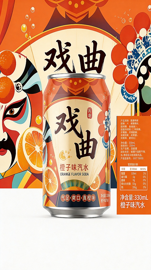 将瓶贴设计中的文字“橙戏”修改为“戏曲”，保留原有的国潮戏曲撞色设计风格和易拉罐橙子味汽水的整体设计，其他内容不变