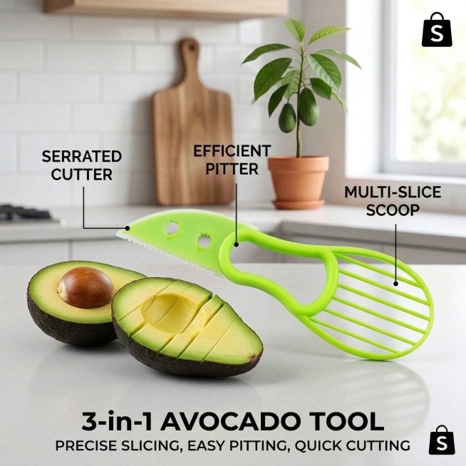 Main product image of 3-in-1 avocado slicer, pitter and cutter, the product is bright green plastic,预览效果