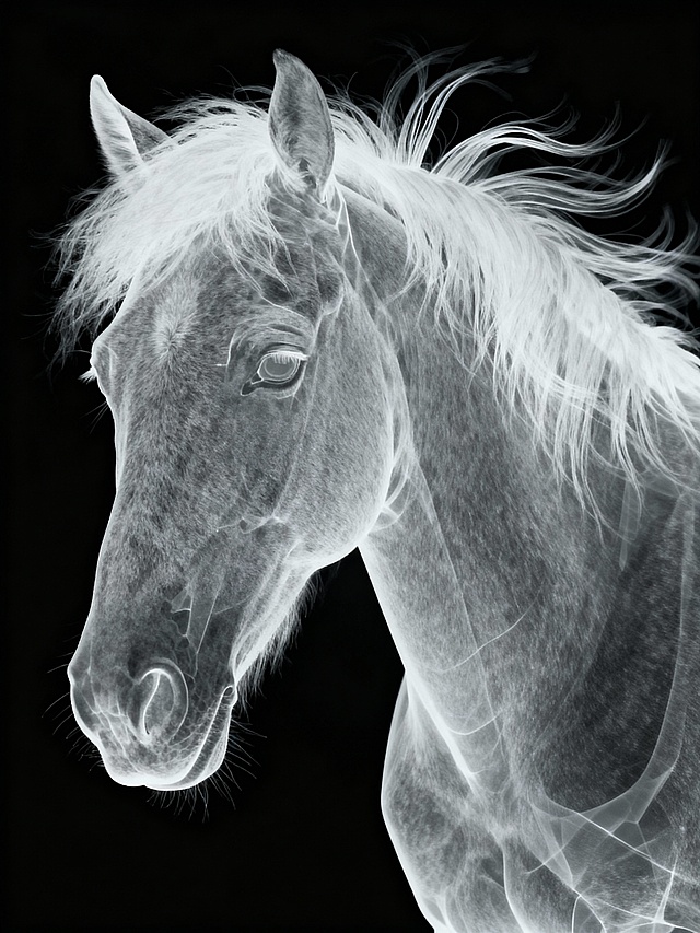 主体内容为银灰色的马的头部与颈部，X-ray影像风格，透背景色，毛发呈现蓬松飘逸质感，鬃毛线条带自然飞扬的动态感；场景设定为纯黑背景，兼具空灵高级感与细腻纹理感