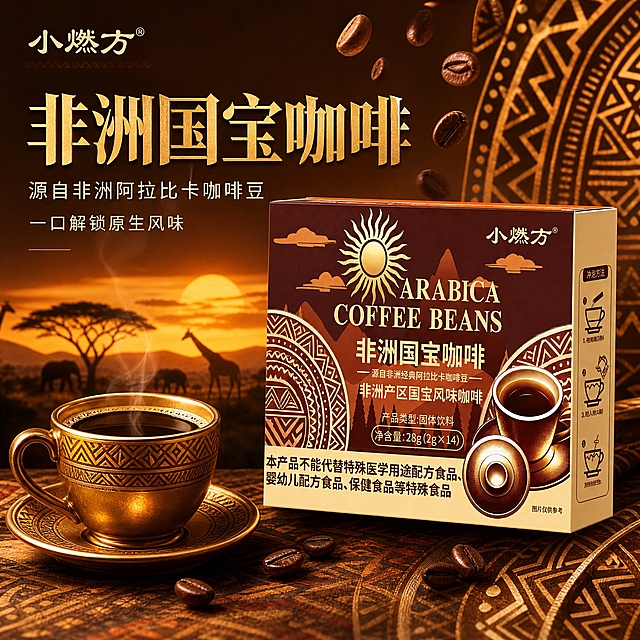 [主图-1] 非洲产区国宝风味咖啡首图，突出产品整体与非洲异域风情，吸引点击。
[统一基调] 整体风格为非洲异域风情高端咖啡质感，背景主色为深棕渐变搭配暖金色调，标题字色为暖金色，辅助字色为米白色，强调色为橙金色，字体为粗衬线体搭配细黑体辅助，字号层级分明，卡片采用非洲图腾纹样边框，整体高级有质感。
[画面] 产品包装盒（小燃方非洲国宝咖啡）位于画面右侧偏中心位置，占比约55%，正面45度角展示，包装完整清晰。左侧为一杯刚冲好的冒着热气的黑咖啡，咖啡杯为金色陶瓷杯，杯壁有细腻光泽，咖啡液面有自然反光。背景融入非洲草原日落剪影，远处有金色太阳和山脉轮廓，点缀非洲传统几何图腾纹样。咖啡豆从上方轻轻洒落，形成动态悬浮效果，增加食欲感和动感。左上角放置小燃方品牌Logo，清晰不突兀。
[光影质感] 自然暖光逆光效果，主光从右上方打来，产品表面有柔和高光，底部有自然接触阴影，整体温暖通透，突出咖啡的醇厚质感和包装的精致感。
[配色] 深棕色主背景，暖金色标题，米白色辅助文字，橙金色点缀，整体色调统一温暖，符合咖啡品类调性。
[文字版式] 左侧上方主标题为暖金色粗衬线体大字"非洲国宝咖啡"，下方副标题为米白色细黑体"源自非洲阿拉比卡咖啡豆"，再下方小字"一口解锁原生风味"，文字左对齐，层次分明，不遮挡产品主体。
[输出要求] 1:1正方形比例，文字清晰可读，产品清晰完整，画面高级有质感。禁止变形、错字、模糊、杂乱、水印、平台Logo，禁止出现绝对化用语。