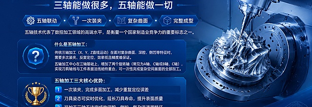 写实商业科技风喷绘海报，整体蓝色调工业科技风格，画面整体以深浅不同的蓝色渐变，搭配少量银色线条点缀，营造高端制造氛围。版式分区清晰，排版精美。

顶部大主标题文字："五轴 · 突破三轴的边界"
标题下方副标题："三轴能做很多，五轴能做一切"
接下来核心卖点标签区域："五轴联动 · 一次装夹 · 复杂曲面 · 完整成型"
介绍文字："五轴技术代表了数控加工领域的高端水平，是衡量一个国家制造业竞争力的重要标志之一。"

什么是五轴加工板块：
"什么是五轴加工：
传统三轴加工（X、Y、Z直线运动）在面对复杂曲面、深腔、侧凹等特征时，需要多次装夹、反复定位，效率低且精度难保证。
五轴加工中心在三轴基础上，增加了两个旋转轴（常见为A轴、C轴或B轴、C轴），实现刀具轴线与工件表面法线始终重合，可一次性完成复杂空间曲面的全部加工。"

五轴加工三大核心优势板块：
"五轴加工三大核心优势：
1. 一次装夹，完成多面加工，减少重复定位误差
2. 刀具姿态可实时优化，延长刀具寿命，提升表面质量
3. 可加工三轴无法完成的深腔、倒扣、复杂流道等特征"

底部口号文字："从三轴到五轴，从可能到无所不能"

四边留足安全边距，所有文字清晰可读，层级分明，深蓝渐变背景搭配浅色工业科技元素抽象线条，整体专业大气，分辨率超高清。