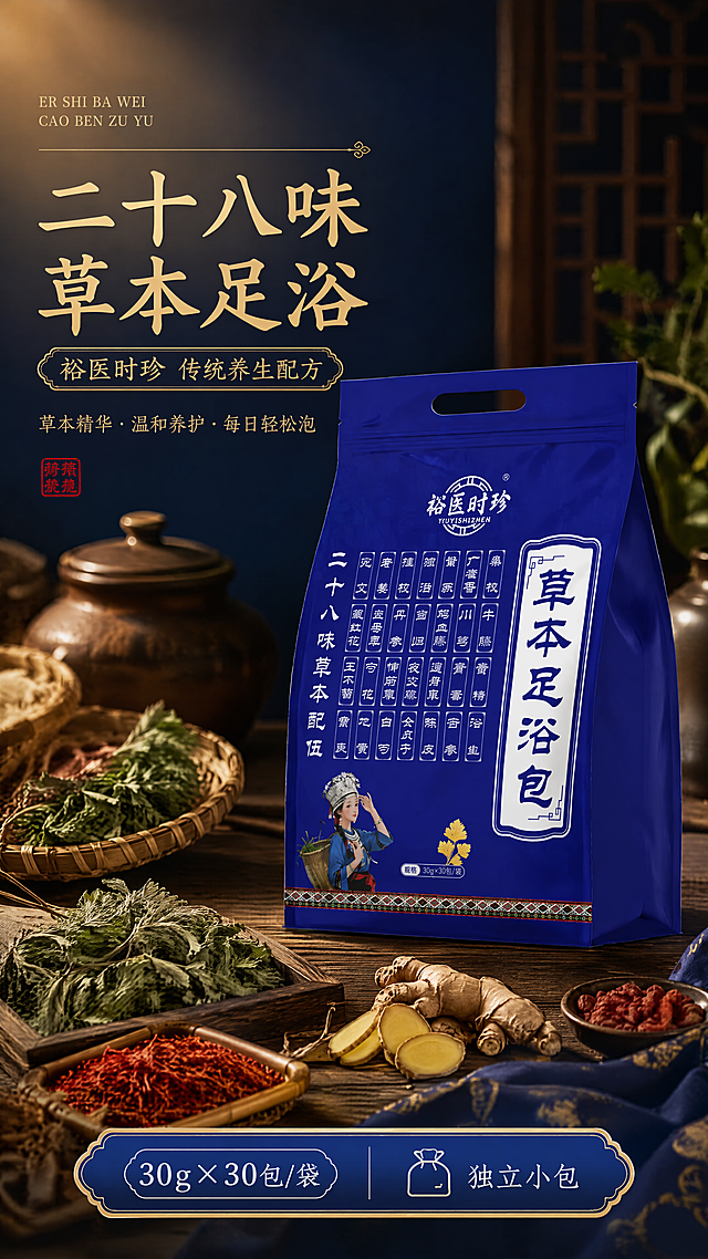 [第1张] 详情页头图-裕医时珍二十八味草本足浴包主视觉海报。本张使用【图1】作为商品主体，保持包装深蓝色外观、白色文字、苗族女性形象、银杏叶图案与整体结构完全一致。
[氛围/风格] 中式草本养生风，沉稳大气，商业摄影质感，传统中医养生文化氛围。
[元素布局] 产品包装袋置于画面中央偏右，占比约55%，45°斜侧视角；左侧为标题文案区；背景为深木色中式桌面，散落艾草、生姜、红花等草本原料，搭配古朴药罐、竹篮；上方有柔和暖光晕染，营造温暖养生氛围。
[光影质感] 左上方暖光主光源，右侧柔和补光，产品底部自然投影，整体光影层次丰富，包装质感清晰。
[配色色系] 全局底色 #1A3A6B 深蓝渐变；主色深蓝、白色；辅助色暖木棕、草本绿、金色点缀。
[视角构图] 微俯视45°角，产品为视觉中心，阅读动线左上标题 → 中部产品 → 底部信息条。
[文字版式] 左上主标题「二十八味 草本足浴」，副标题「裕医时珍 传统养生配方」，宋体与黑体结合，金色与白色文字；底部信息条标注「30g×30包/袋 独立小包」，文字不遮挡产品主体。
[比例分辨率] 9:16 竖版比例，4K分辨率，文字清晰可辨，高清画质。
[负向提示词] 包装变形，文字错乱，颜色偏差，缺件错件，水印，产品模糊，背景杂乱，人物变形。