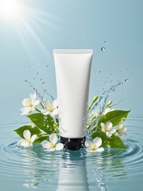 主体置于带水波纹的水面上，周围有白色花朵、绿叶环绕，还有水花飞溅、水波纹及水滴动态效果，背景为浅蓝色，光线明亮，一键换背景，电商商品图预览效果