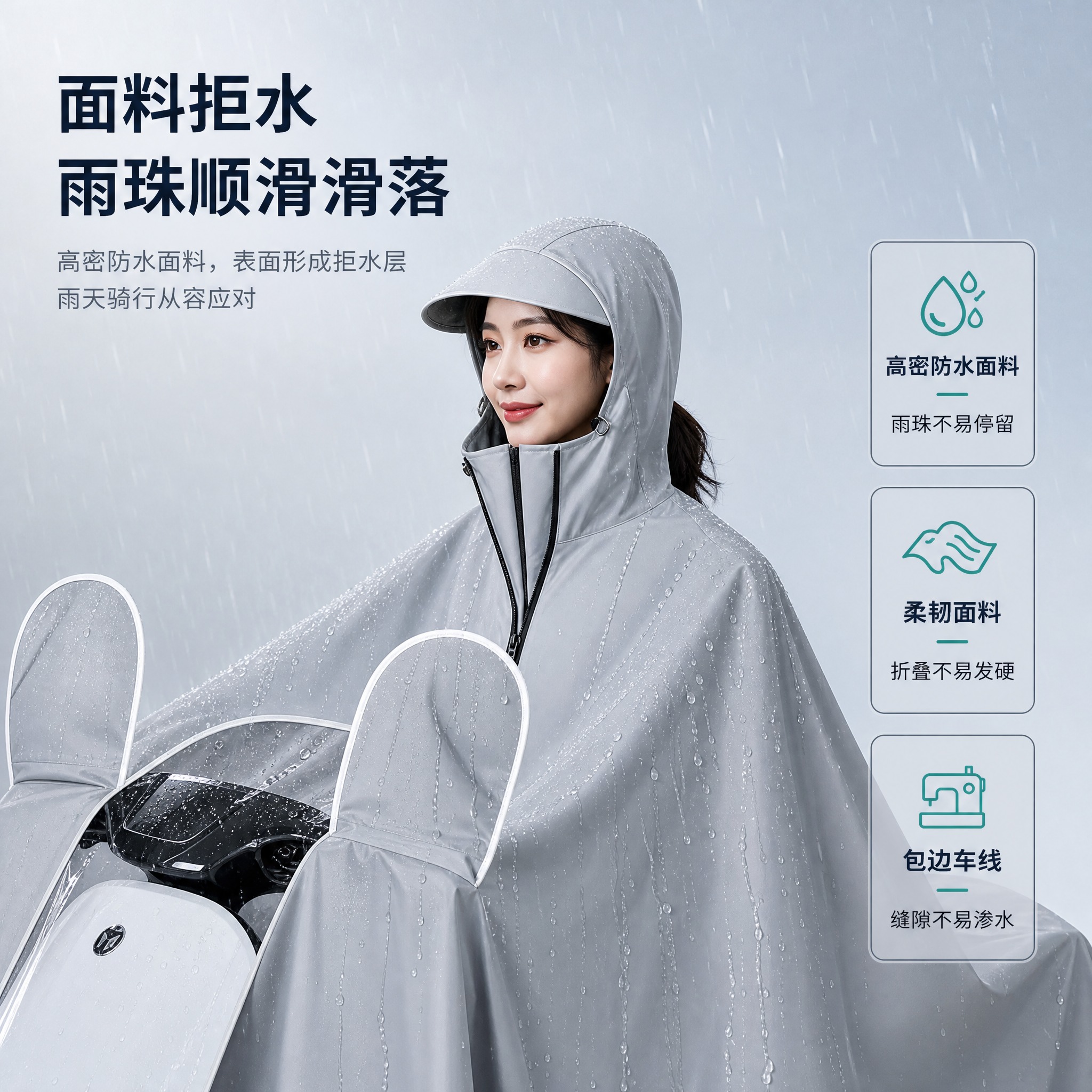 [主图-2] 加大加宽一体式电动车骑行雨衣 · 面料拒水功能演… - 图片创意预览