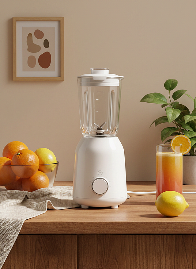 画面中心是主体置于木质台面上，布艺装饰，周围摆放着装有橙子、柠檬等水果的玻璃碗，还有玻璃杯装的饮品，背景有绿植和抽象装饰画，暖木色为主色调，光影柔和