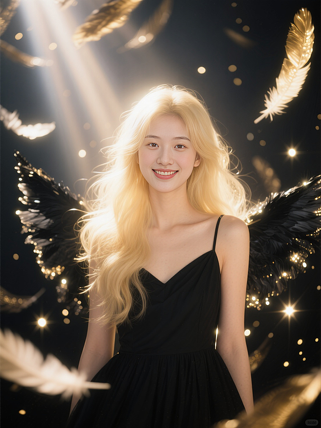 特写镜头，唯美精致的暗黑天使少女（微笑，奶油肌，金色的长发，黑色的连衣裙，发着光），环绕无数动态模糊的黑金调发光羽毛，大光圈虚化的暗调背景