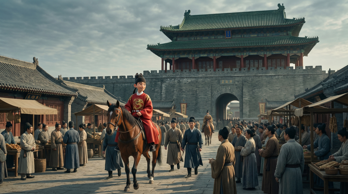 明代靖江王府正阳门外街市远景，参考图一正阳门城楼背景，朱守谦参考图二的3D形象，穿明代王爷红色龙纹装束骑在棕色马上，身后跟着两三个随从，朱守谦微微侧头看向画面另一侧人群，表情带着好奇和好笑，青灰色调，预览效果