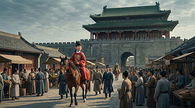 明代靖江王府正阳门外街市远景，参考图一正阳门城楼背景，朱守谦参考图二的3D形象，穿明代王爷红色龙纹装束骑在棕色马上，身后跟着两三个随从，朱守谦微微侧头看向画面另一侧人群，表情带着好奇和好笑，青灰色调，阳光斜照，电影感，高细节，画幅16:9