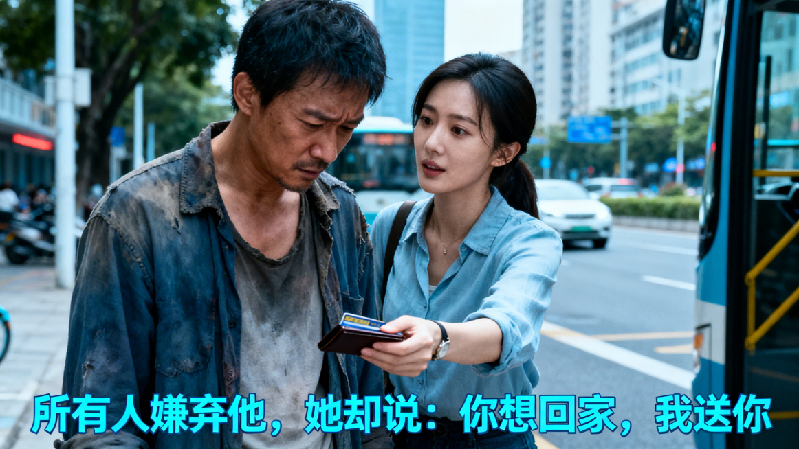 真人摄影风格，现代城市街道，亚洲温柔美女主动拦住一个衣衫褴褛的亚洲男子，神情关切递出公交卡或钱包，男子低头表情复杂，电影质感，图片底部叠加冷蓝色标题文字"所有人嫌弃他，她却说：你想回家，我送你"预览效果