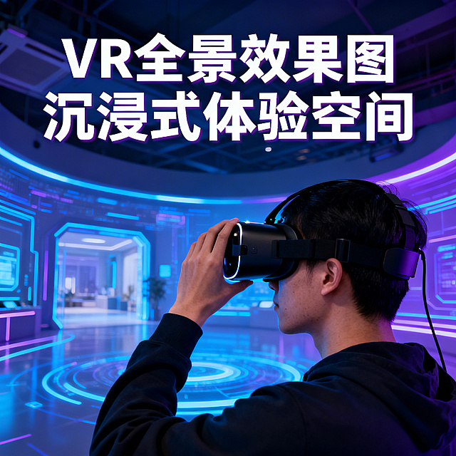 淘宝效果图制作店面图，主打VR全景效果图服务，画面展示佩戴VR眼镜查看全景效果图的场景，配文"VR全景效果图 沉浸式体验空间"，科技感风格，蓝紫色调