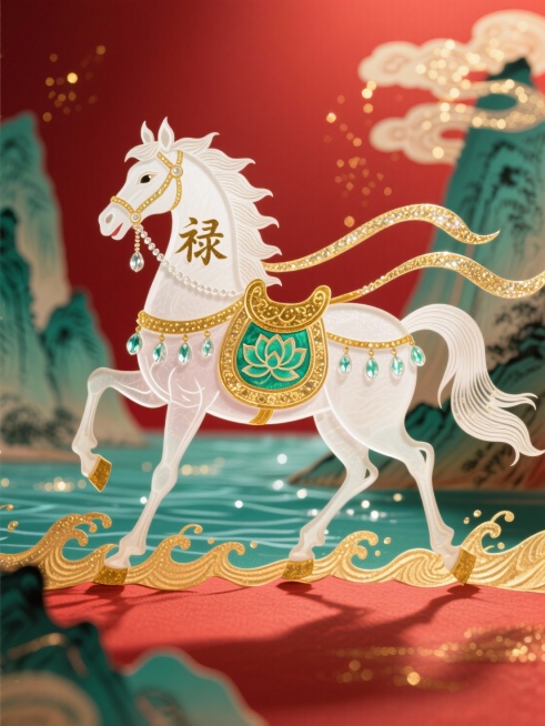 皮影艺术，主体是白骏马（马身饰鎏金 “禄” 字与青绿莲花纹样，鞍具鎏金缀水晶，玉质温润通透），呈四蹄踏浪穿行姿态，蹄边泛起金色水花。周身环绕白金渐变华丽飘带，飘带泛柔和珠光，与水波呼应。背景为朱红底色预览效果