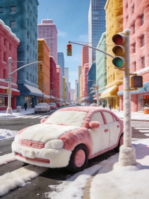 冬季城市的超现实街头摄影，一切都被厚厚的蓬松人造毛皮覆盖，街道上的汽车由粉白相间的毛绒织物制成，交通信号灯和道路由柔软的天鹅绒制成，摩天大楼裹着彩色羊毛，超现实主义，波普艺术风格，明亮的柔和色彩，C4预览效果