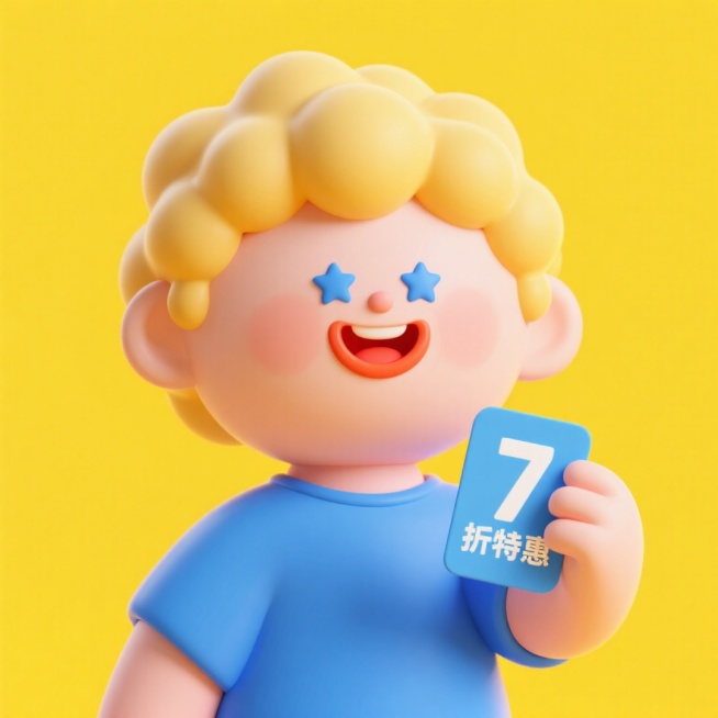 一个人手里拿着一张 “7 折特惠” 蓝色优惠卡，明亮黄色背景，卷曲的金头发、圆圆笑眉、蓝色星星眼、橙红厚嘴唇、表情可爱的半身卡通人物，蓝色上衣。预览效果