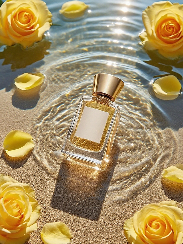 俯拍视角，重新打光的产品置于（波光粼粼的水面下，米色细沙上），周围环装饰着新鲜黄玫瑰，嫩黄的玫瑰花瓣散落在水面上，渲染出层次感的色调，明暗对比强烈，使用逼真的灯光和色彩运用