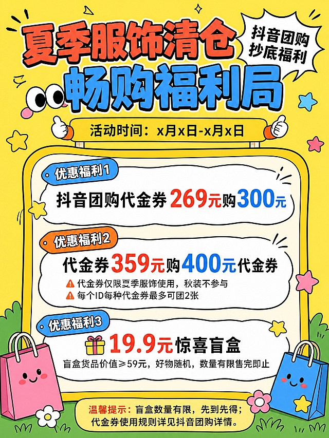 可爱卡通手绘风门店活动海报，黄底色，线条圆润，带小表情、星星、购物袋装饰元素，版式和参考图结构一致，分3块优惠福利气泡框，适合做成线下KT板，画面干净醒目，文字清晰不拥挤。顶部主标题大字【夏季服饰清仓 畅购福利局】，右上角爆炸气泡小字【抖音团购抄底福利】。优惠福利1（蓝色标签）：抖音团购代金券269元购300元。优惠福利2（橙色标签）：代金券359元购400元代金券，下方小字备注⚠️代金券仅限夏季服饰使用，秋装不参与 ⚠️每个ID每种代金券最多可团2张。优惠福利3（蓝色标签）：🎁19.9元惊喜盲盒，盲盒货品价值≥59元，好物随机，数量有限售完即止。底部小字备注区域：温馨提示：盲盒数量有限，先到先得；代金券使用规则详见抖音团购详情。画面点缀卡通小眼睛、星星、购物袋、小草、小花朵装饰元素，整体配色明亮活泼，文字加粗突出重点，适合打印KT板，不要多余杂物。