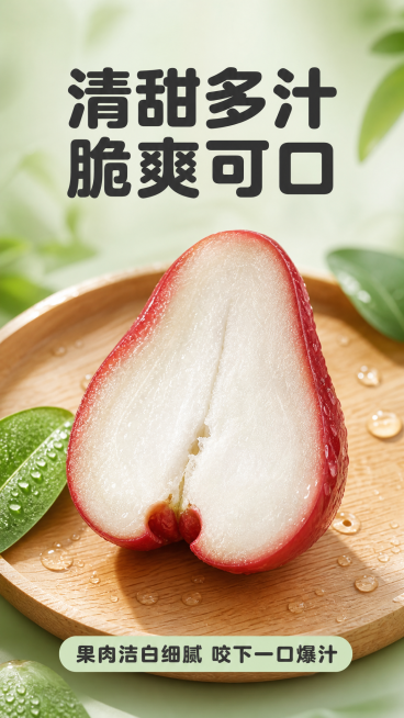 [第3屏] 果实口感与质地特写屏。
[氛围/风格] 微距食欲风，突出清甜多汁的果肉质感，商业生鲜摄影，画面水润诱人。
[元素布局] 将黑糖芭比莲雾对半切开，露出洁白脆嫩果肉，中心果核细小，保持果皮深红预览效果