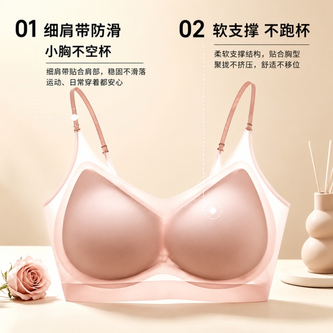 「图片1」，生成一套主图（5张），卖点是1.凉感薄款面料，透气排汗，夏天不闷汗
2.细肩带防滑、小胸不空杯、软支撑不跑杯
3.无钢圈零束缚、久穿不闷汗、贴身不勒肉
4.两件组合装、日常居家通勤两用，适预览效果
