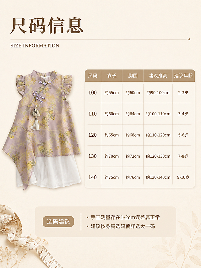 [第10张] 尺码信息页-儿童尺码表+选码建议。本张使用【图1】作为产品平铺展示。
[标题版式] 标题字形为现代宋体，主标题居左上方，配细线分隔，清晰专业。
[氛围/风格] 简洁专业童装尺码风，暖奶咖色调，干净易读，信息清晰。
[元素布局] 左侧为旗袍连衣裙正面平铺小图，占比约35%，展示整体版型；右侧为尺码表格区域；底部铺浅米色纸质纹理背景；左下角放软尺小图标装饰；产品结构、颜色、材质与输入图完全一致。
[光影质感] 顶部均匀漫射光，整体明亮干净，产品投影柔和自然。
[配色色系] 全局底色 #FAF5EE（浅奶咖）；主色产品淡紫；辅助色米白+深棕文字；表格线浅棕色。
[视角构图] 左产品右表格的横向布局，正面平视，信息层级清晰。
[文字版式] 版式为左上标题 + 左侧产品图 + 右侧尺码表 + 底部选码建议。主标题「尺码信息」；尺码表包含列：尺码、衣长、胸围、建议身高、建议年龄；行：100/110/120/130/140 共5档（数值用约数表达，如约55cm/约60cm等）；表格下方选码建议「手工测量存在1-2cm误差属正常 建议按身高选码偏胖选大一码」；文字清晰可读，表格线条简洁。
[比例分辨率] 3:4 竖版比例，4K 分辨率，文字清晰可辨。
[负向提示词] 产品变形，颜色偏差，水印，文字错乱，表格模糊，极限词。