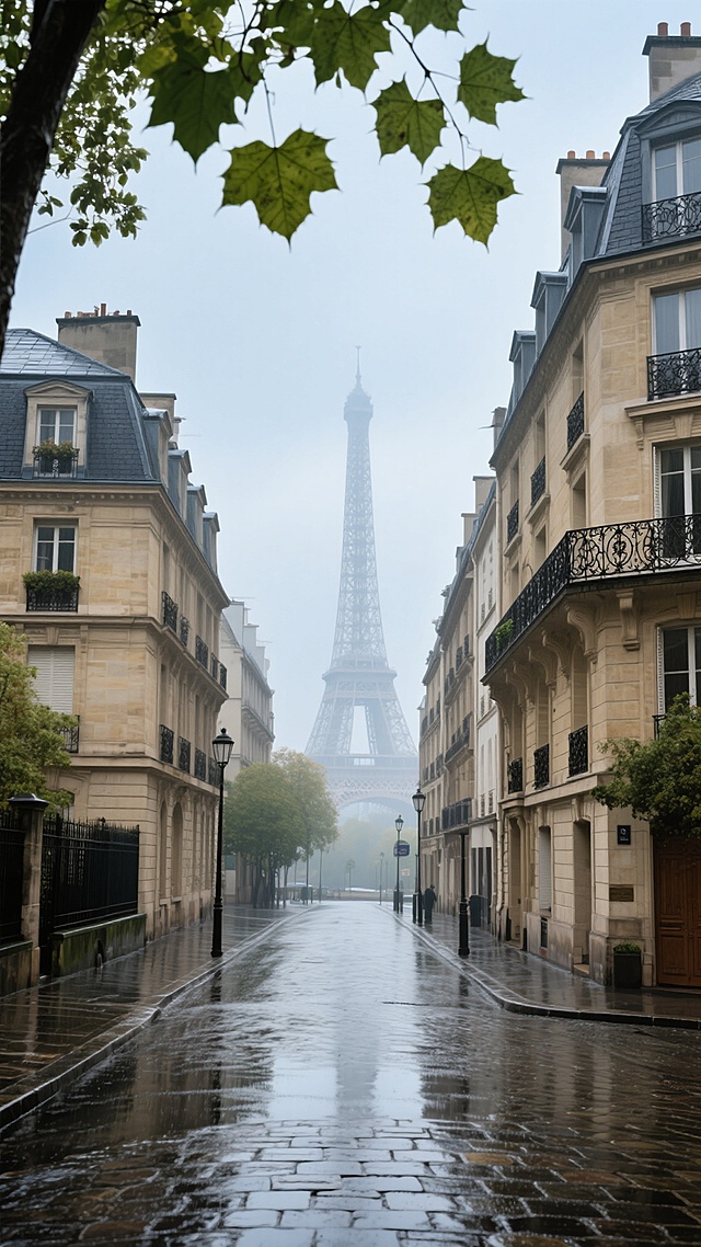雨后巴黎街景，埃菲尔铁塔隐约可见，水彩风印象画派，清新静谧，浪漫优雅。