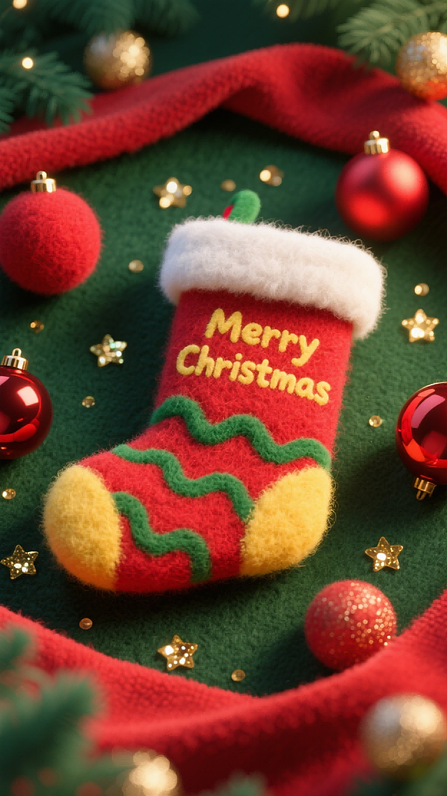 特写的精致圣诞袜（红+黄+袜身绿色波纹+“Merry Christmas”+顶部白色绒边）。周围环绕雪花装饰、装饰球、亮片。深绿色背景，边缘以红色布料环绕。俯视角构图。