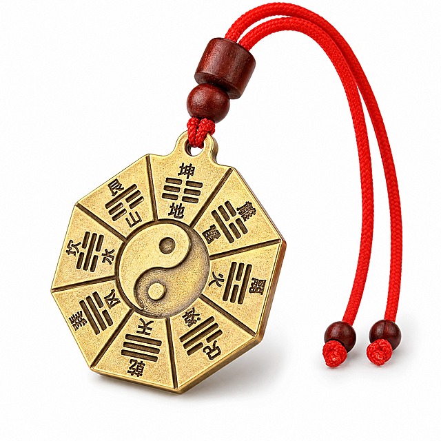 亚马逊首图，纯白底，黄铜阴阳八卦吊坠配红色调节绳，正面完整展示，产品占画面85%以上，无文字无水印无道具。吊坠居中偏上，八边形黄铜牌正面朝向镜头，阴阳太极图案与八卦卦象清晰可辨，红色编织调节绳自然垂下，绳上配一颗红檀木圆珠与一颗小木珠，吊坠顶部挂孔完整可见。产品略微倾斜45度摆放，呈现立体感。底部有柔和接触阴影，不悬浮。柔光箱主光从左上45度打下，黄铜表面呈现温润金属光泽，八卦刻纹有清晰凹陷阴影，边缘有窄条轮廓光勾边，整体干净通透，无灰尘无指纹。纯白背景，黄铜金色主体，红色绳结点缀，木珠深棕红色。1:1正方形，产品清晰锐利，无变形无错字无模糊无杂乱无水印无平台Logo，纯白底符合亚马逊首图规范。