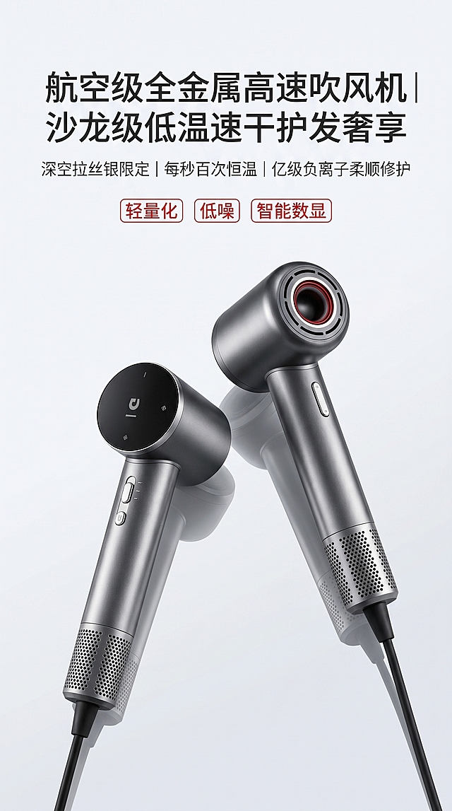 根据以下方案为我设计一个以参考图为主体的吹风机详情页                                                                     深空拉丝银吹风机｜10 页高奢详情页【极简落地表】
整体调性：极简高奢、冷调商业光影、大面积留白
固定色值：背景浅灰 #F5F7FA / 纯白 #FFF；文字炭黑 #222222 / 浅灰 #666666；高亮红 #D62828
摄影统一：左侧 45° 侧逆光、居中对称、单页素材≤3 个，禁用花哨场景与特效
第 1 页｜首屏主视觉
构图：双机 45° 斜侧俯拍，浅灰渐变 + 底部倒影，冷光突出金属拉丝
文案：
主：航空级全金属高速吹风机｜沙龙级低温速干护发奢享
副：深空拉丝银限定｜每秒百次恒温｜亿级负离子柔顺修护
标签：轻量化｜低噪｜智能数显
设计：居中留白，红色高亮标签，无多余装饰
第 2 页｜高端痛点页
构图：左右分栏，左暗调痛点场景，右手柄 45° 特写，浅灰背景
文案：
主：别让劣质吹风，消耗你的精致生活
痛点：①高温伤发 ②塑料掉漆 ③噪音扰民 ④盲调档位
收尾：以精工设计，重构高端干发体验
设计：痛点浅灰，关键词红色，低饱和场景
第 3 页｜高速速干核心页
构图：竖向侧视全景 + 出风口特写，浅灰气流线条，侧逆光显肌理
文案：
主：飓风低温速干｜3 分钟吹干齐腰长发
我方：11 万转电机 + 23m/s 风量，58℃恒温，靠风力不靠高温
竞品：≤10 万转，依赖高温烘干，伤发、干发慢
设计：参数左对齐，转速 / 风速红色高亮
第 4 页｜智能恒温 + 护发页
构图：左数显屏平视特写，右毛鳞片修护对比 + 线稿图，浅灰留白
文案：
主：双重护发科技｜恒温锁护 + 离子柔顺
我方：每秒 100 次温控 ±1℃，4 亿双离子，修护毛鳞片
竞品：50 次 / 秒温控，风温波动烫头皮；低配负离子仅防静电
设计：两栏规整，核心数据红色标注
第 5 页｜深空银机身工艺（核心差异）
构图：三宫格微距：①拉丝肌理 ②防指纹实测 ③阳极氧化细节
文案：
主：12 道精工打磨｜抗指纹抗氧化不掉漆
我方：全铝合金拉丝，耐刮耐磨，适配轻奢家装 & 高端送礼
竞品：塑料喷镀银，易留指纹、氧化发黄、掉漆、缝隙藏污
设计：统一光影尺寸，工艺卖点红色高亮
第 6 页｜智能数显 + 细节页
构图：三宫格：①数显屏平视 ②按键 45° ③降噪微孔底部平视
文案：
主：可视化高端操控｜静谧低噪 59dB
我方：前置数显、独立双按键、6 重降噪
竞品：无数显、盲调操作、大风档噪音刺耳
设计：等距干净留白，单图配 1 行短文案
第 7 页｜四场景应用页
构图：四宫格低饱和轻奢场景：浴室 / 卧室 / 差旅 / 礼盒
文案：
主：适配每一种精致生活
居家｜造型｜随行｜礼赠
设计：统一低饱和色调，短句小字居中
第 8 页｜礼盒 + 配件页
构图：居中俯拍，礼盒开箱 + 风嘴全套陈列，原木自然光
文案：
主：奢配礼盒｜自用体面 送礼高级
我方：磁吸风嘴 + 定制天地盖礼盒
竞品：简易纸盒、无礼盒、配件单一
设计：居中留白，礼盒卖点红色高亮
第 9 页｜权威资质背书页
构图：左右分栏，左产品小图，右去底证书整齐排列（3C/SGS/ 耐磨 / 降噪）
文案：
主：权威检测｜品质可溯源
我方：全项认证，材质 & 性能 & 安全合规
竞品：白牌无正规报告，安全与效果无保障
设计：证书等距排布，文案精简克制
第 10 页｜售后保障收尾页
构图：顶部产品远景，下方纯白居中排版
文案：
主：以精工致敬精致生活
保障：3 年质保｜15 天试用｜顺丰包邮｜一对一售后
设计：宽幅留白，红色对勾 + 短句图标
避坑总规则
对比只讲参数 / 材质 / 功能，不恶意贬低
红色仅用于核心数据、卖点、符号，不大面积使用
全页银色色相明暗统一，无色差
文字宽松分段，拒绝密集堆砌「图片1」