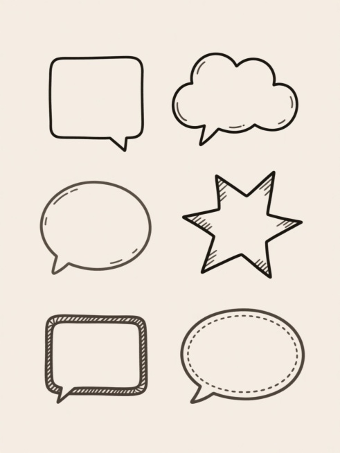 六个不同样式的气泡框，左右两行对齐排列在浅色背景上，包含方形带尖角气泡、椭圆形气泡、云朵形气泡、爆炸星形气泡、双边框矩形气泡、带缝线装饰的椭圆形气泡，每个气泡框采用不同配色和材质质感，保持手绘线条风格，线条流畅自然带有轻微笔触纹理，整体简洁清晰，无文字内容预览效果