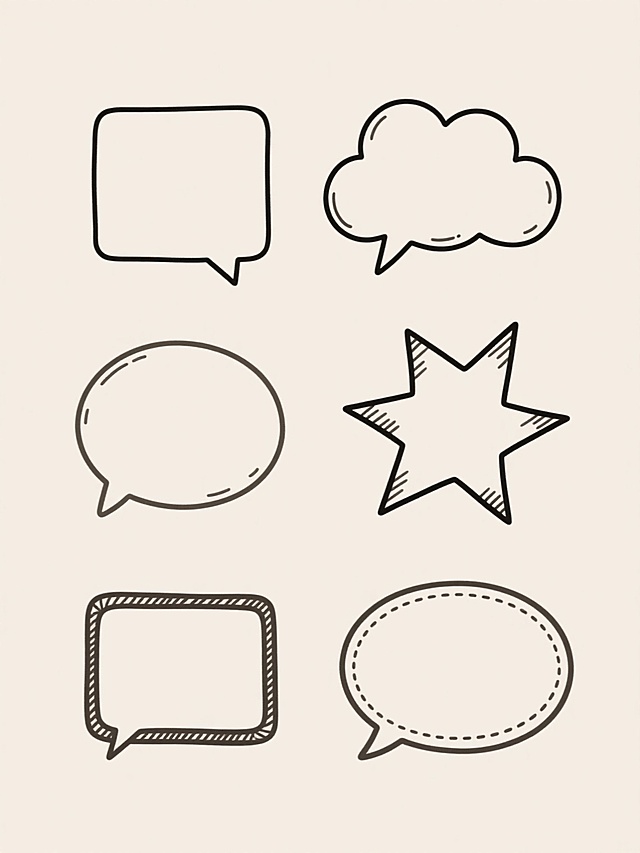 六个不同样式的气泡框，左右两行对齐排列在浅色背景上，包含方形带尖角气泡、椭圆形气泡、云朵形气泡、爆炸星形气泡、双边框矩形气泡、带缝线装饰的椭圆形气泡，每个气泡框采用不同配色和材质质感，保持手绘线条风格，线条流畅自然带有轻微笔触纹理，整体简洁清晰，无文字内容