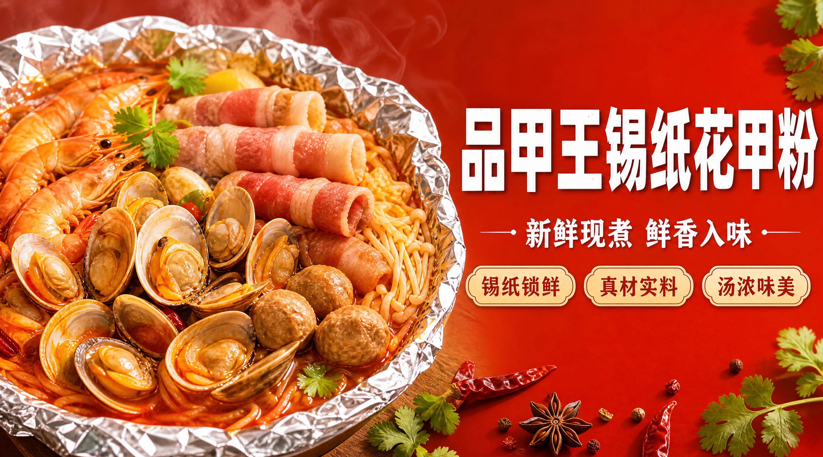 外卖店铺招牌设计，横版构图。左侧是一碗锡纸花甲粉的诱人特写，花… - 图片创意预览