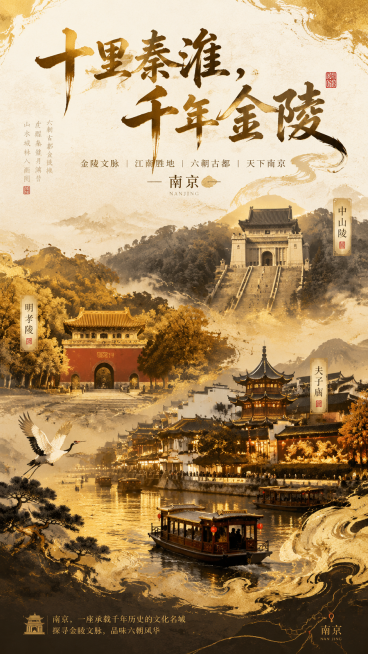 南京金陵文化宣传海报，融合中山陵、明孝陵、夫子庙等经典景点，国潮风格，金色水墨配色，顶部用醒目书法字体写着"十里秦淮，千年金陵"，整体大气雅致，体现历史文化底蕴，适合旅游宣传预览效果