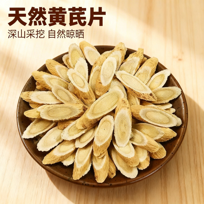 黄芪电商主图，产品保持和参考图外观一致，氛围风格简约自然，突出天然品质。黄芪斜切片摆放在棕色瓷盘里，背景为干净简约浅原木色，自然柔和光线突出切片纹理质感。文案“天然黄芪片”“深山采挖 自然晾晒”，主标预览效果