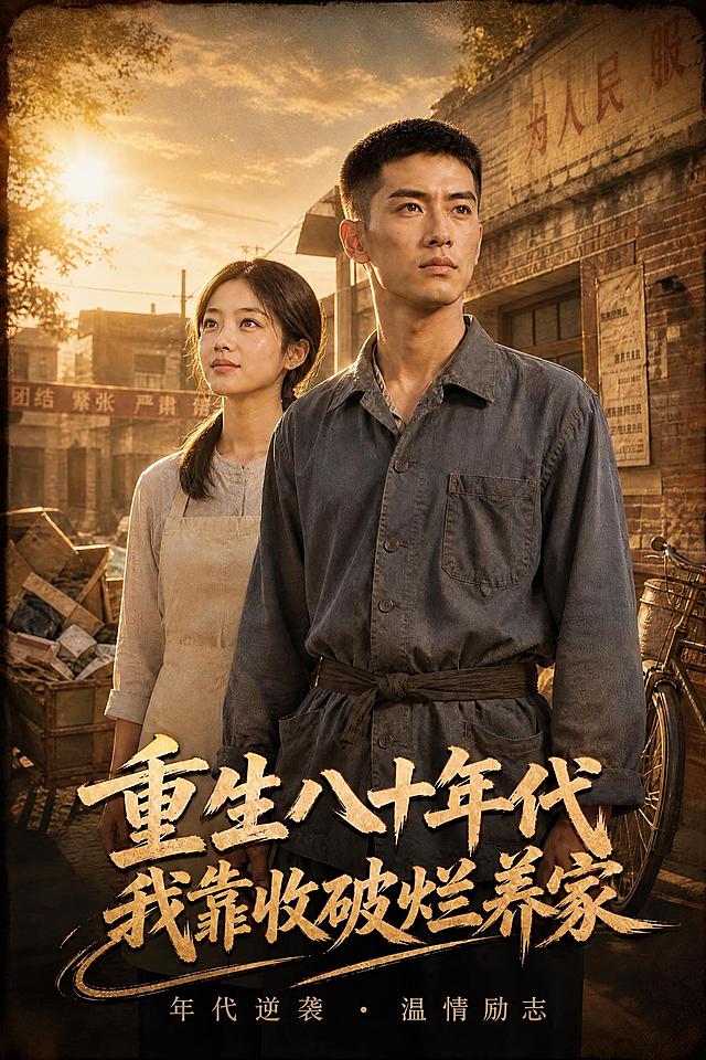 删除图片顶部的文字“重回1980·白手起家”，并将文字所在区域用周围的天空和建筑背景自然修复，保持画面整体风格、色调和质感不变，其余所有元素（人物、底部标题文字、背景建筑、自行车、手推车等）保持原样不动