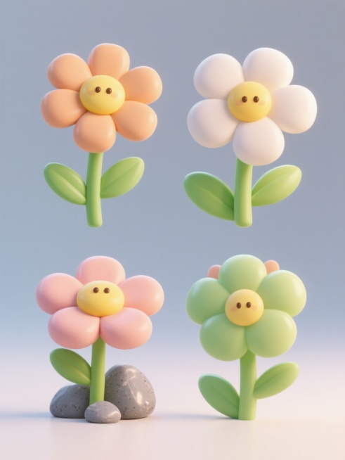 一组4个不同配色、不同样式的3D材质可爱元素，采用干净风格设计，符合现实逻辑，适用于素材使用。元素包含具有圆润花瓣和黄色花蕊的卡通风格花朵，搭配绿色茎秆和叶片，以及表面光滑的灰色小石头，整体呈现出简洁明快的视觉效果，色彩搭配和谐统一，光影过渡自然柔和，立体感强，细节丰富，具有良好的可复用性。预览效果