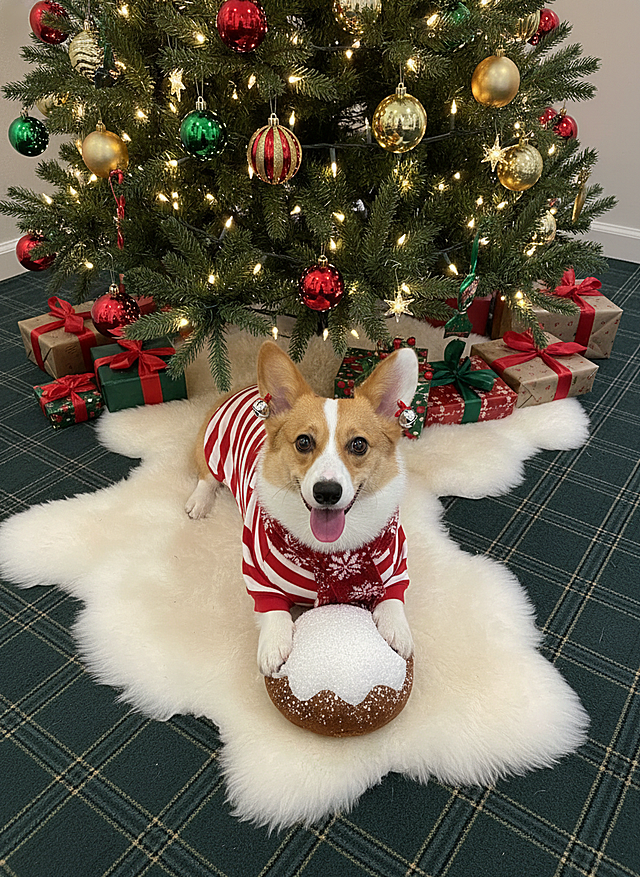 柯基犬身着红白条纹圣诞连体衣，耳朵上别着迷你圣诞铃铛，圆滚滚的身体裹着针织雪花纹围巾，短爪抱着洒满糖霜的毛绒圣诞布丁玩偶，趴在铺着白色羊毛垫的圣诞树下，歪头吐舌露出粉嫩嫩的舌头。背景为挂满彩球与星星灯饰的圣诞树，树下散落着丝带缠绕的礼物盒，地面铺着墨绿色格子地毯。俯视视角，对称构图。