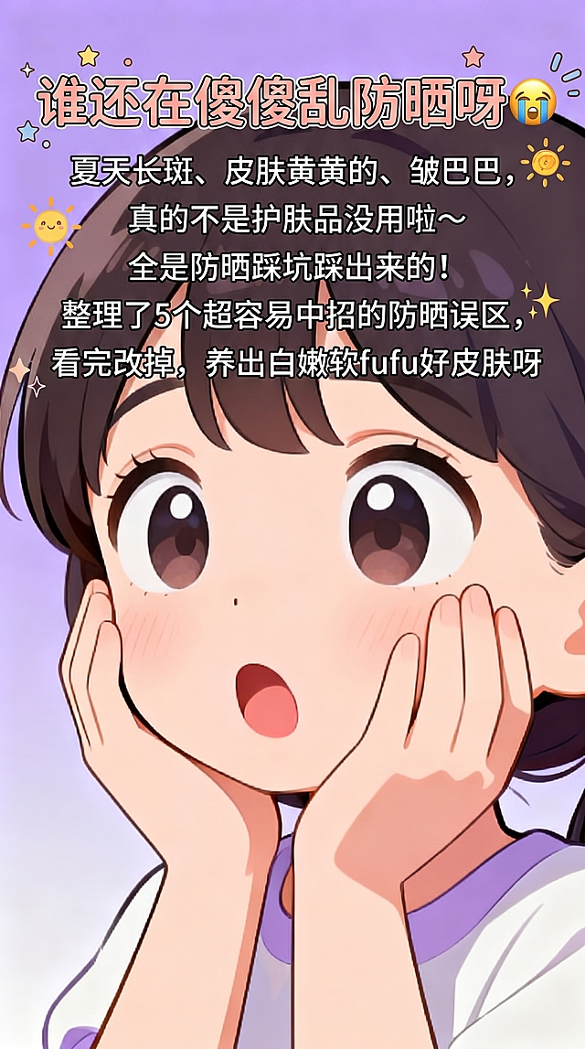 在原插画基础上添加文案：标题"谁还在傻傻乱防晒呀😭"，正文"夏天长斑、皮肤黄黄的、皱巴巴，真的不是护肤品没用啦～全是防晒踩坑踩出来的！整理了5个超容易中招的防晒误区，看完改掉，养出白嫩软fufu好皮肤呀"，文字排版清晰美观，整体尺寸适配小红书图文，风格可爱，背景保持浅紫色渐变