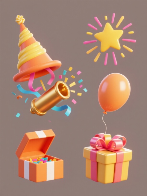 3D风格的六个规整排布素材，简约现代造型，纯色背景，无任何文字、logo和水印。每个素材为不同的节日元素：第一个是带有螺旋状奶油拉花的橙色锥形礼帽，顶部有黄色和粉色彩带飘逸而出；第二个是炸开的礼炮，金色的炮筒旁喷射出五彩纸屑和蓝色弧线彩带；第三个是绽放的烟花，由黄色星形和粉色线条组成，呈现放射状；第四个是漂浮的气球，圆润饱满，带有高光和阴影，呈现立体感；第五个是打开的礼盒，盒盖微微掀起，露出内……预览效果