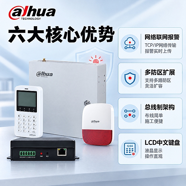 [主图-2] 核心价值/关键卖点，围绕"专业级安防报警系统"展开4大核心价值点。
[统一基调] 报警行业专业配色：浅蓝+浅灰主色，警示红点缀；产品名称黑色大字凸显；柔和棚拍光背景；排版克制高级；字体为现代无衬线粗黑体；标题色黑色，正文色深灰；圆角细线信息卡片。
[画面] 1:1正方形构图，左上角放置大华alhua品牌LOGO。左侧展示报警主机+键盘产品主视觉（占画面约45%），右侧4个核心卖点卡片纵向排列，每个卡片配简约图标+卖点标题+简短说明。画面无空白区域，全部用产品和文字填充。
[光影质感] 商业摄影质感，左前侧柔和棚拍光，产品正面清晰，底部有自然接触阴影；信息卡片平面化设计，与产品区形成虚实对比。
[配色] 浅蓝到浅灰的柔和渐变背景，细腻哑光质感；警示红仅用于卖点图标和关键词点缀；产品颜色严格保持原图不变。
[文字版式] 左上角大华alhua LOGO；主标题黑色大字居上："六大核心优势"；4个卖点卡片：1."网络联网报警"——TCP/IP网络传输 报警实时上传；2."多防区扩展"——支持多路防区 灵活扩容；3."总线制架构"——布线简单 施工便捷；4."LCD中文键盘"——液晶显示 操作直观。每个卡片标题黑色，说明深灰，图标用浅蓝线条+警示红点缀。所有文字横向排版。
[输出要求] 比例1:1，2K分辨率，京东国内电商主图，中文简体；产品外观严格保持原图不变，不扭曲、不变形；文字清晰可读；避免深色背景、高饱和彩色、竖排文字、斜排文字；杜绝深色单一颜色和太彩色的配色；无水印、无平台Logo。