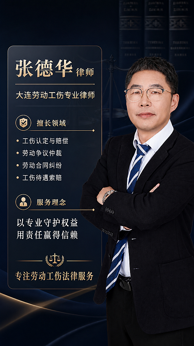 律师形象宣传海报，右侧人物+左侧信息卡片版式。右侧是图1中张德华律师的半身人像（保留人物原貌，黑色西装、白衬衫、蓝白条纹领带、双臂交叉），左侧为半透明深色信息卡片区域。深蓝黑色背景，带有微妙的法律书籍/天平抽象纹理装饰，现代专业风格。信息卡片顶部主标题"张德华 律师"，副标题"大连劳动工伤专业律师"，卡片内分三个板块："擅长领域"下列出"工伤认定与赔偿、劳动争议仲裁、劳动合同纠纷、工伤待遇索赔"；"服务理念"写"以专业守护权益 用责任赢得信赖"；底部有"专注劳动工伤法律服务"字样。金色细线装饰分隔，版式精美，层次分明，人物面部清晰完整，2K超高清画质。画面中不得出现任何联系方式、电话、微信或二维码。画面中所有信息区域必须填充完整合理的内容，不得出现空白框或占位区域。