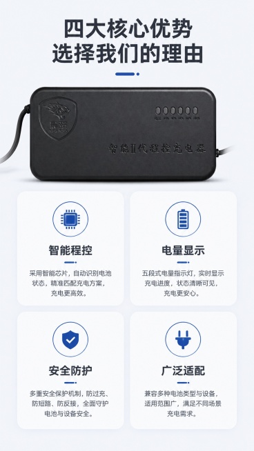 [第3屏] 核心卖点总览，总结晨强智能Ⅱ代程控充电器核心优势，更换版式。本屏使用【图1】作为产品主体。
[氛围/风格] 宫格信息风，简约专业，清晰有条理。
[元素布局] 顶部主标题，下方2×2四宫格展预览效果