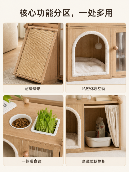 [第4屏] 功能细节展示屏，2x2宫格展示实木多功能人宠共享宠物家具柜的四个核心功能细节。[氛围/风格] 清晰细节展示，自然家居风，真实产品质感。[元素布局] 页面顶部为大标题，下方分为2行2列四个宫预览效果