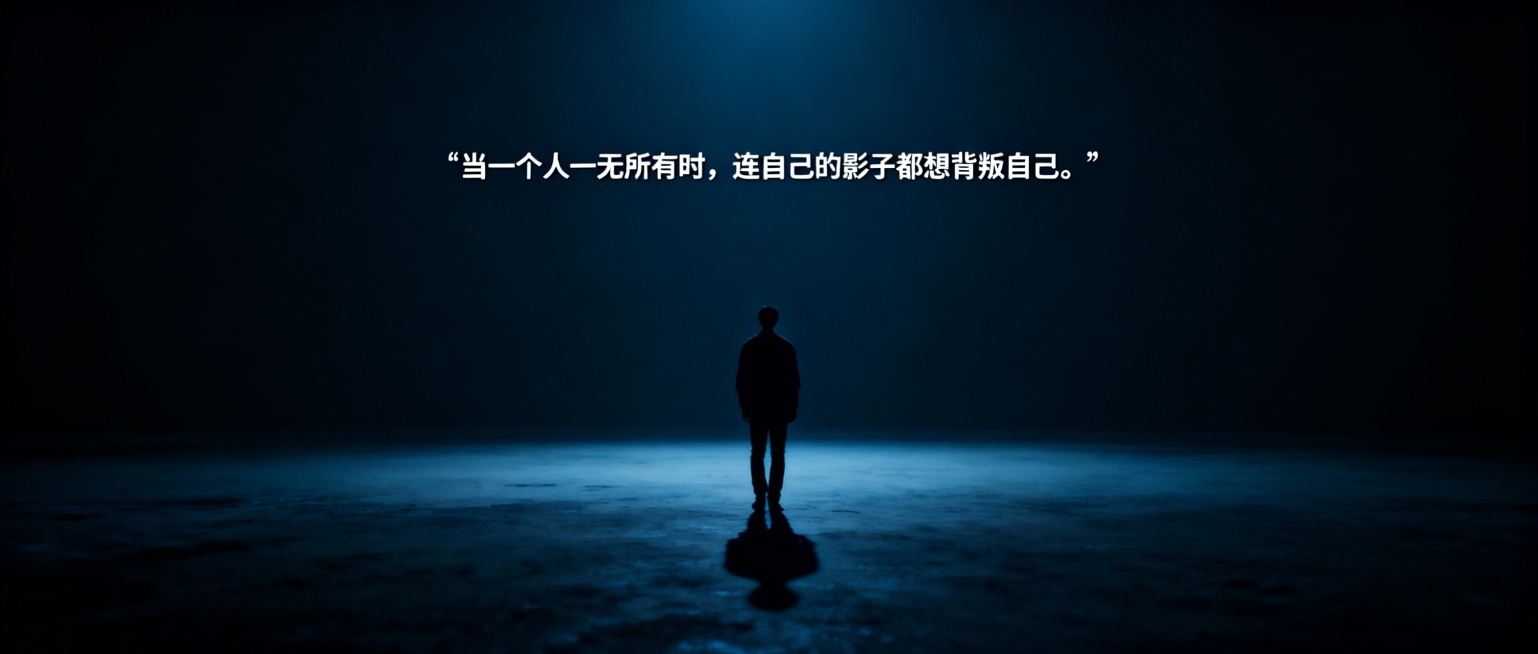 “当一个人一无所有时，连自己的影子都想背叛自己。

根据上述文字的意思，生成比例尺寸为2.35:1，符合内容的公众号首图。预览效果