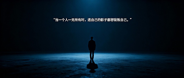 “当一个人一无所有时，连自己的影子都想背叛自己。

根据上述文字的意思，生成比例尺寸为2.35:1，符合内容的公众号首图。