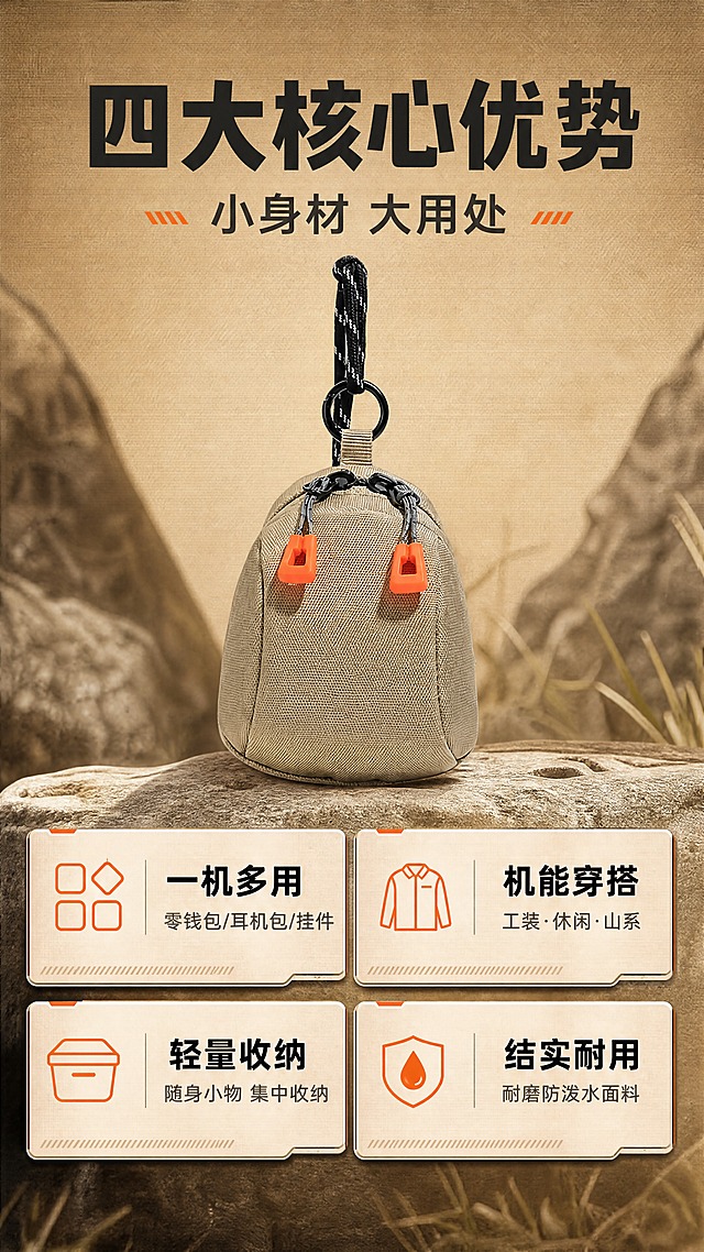 [商品] 使用【图1】卡其色多功能斜挎小包；商品处理：保留迷你立体小背包造型、双拉链橙色拉头、黑色圆环扣、黑白点纹挂绳、卡其色耐磨面料和整体结构；自然理顺面料褶皱，增强面料纹理质感、拉链五金光泽和缝线细节，不改变版型、颜色和结构。
[画面] 目标：4大核心卖点总览页。构图：产品居中偏上，占画面40%，正面展示；下方4张横向机能风卡片呈2×2矩阵排列，每张卡片对应一个卖点；背景为卡其色渐变+细腻帆布纹理，卡片间有细微阴影分层；阅读动线：顶部产品→中部4卡片逐行阅读。
[视觉] 套系策略：风格=山系机能户外商业摄影；标题字=粗黑体硬朗无衬线；正文字=简洁无衬线体；主色=卡其棕；背景延展=基于卡其棕做深浅层级、同色渐变和户外自然肌理（岩石/草地/帆布纹理）；强调色=荧光橙，仅用于小面积图标、引线、标签和拉链呼应；标题色=深炭灰；正文色=中暖灰；组件=直角浅底信息卡、粗线引线、机能风图标；光影=左前侧自然光，柔和硬朗兼具，产品底部有自然接触阴影。
[文字] 产品上方主标题"四大核心优势"，副标题"小身材 大用处"；4张卡片分别为：左上"一机多用"配图标+"零钱包/耳机包/挂件"，右上"机能穿搭"配图标+"工装·休闲·山系"，左下"轻量收纳"配图标+"随身小物 集中收纳"，右下"结实耐用"配图标+"耐磨防泼水面料"；所有文字横排，字号保证手机端清晰可读。
[规格] 图片比例9:16竖版，4K，避免变形、错字、文字过小、冷蓝/蓝灰背景、产品颜色改变、版型失真、纯白背景。
